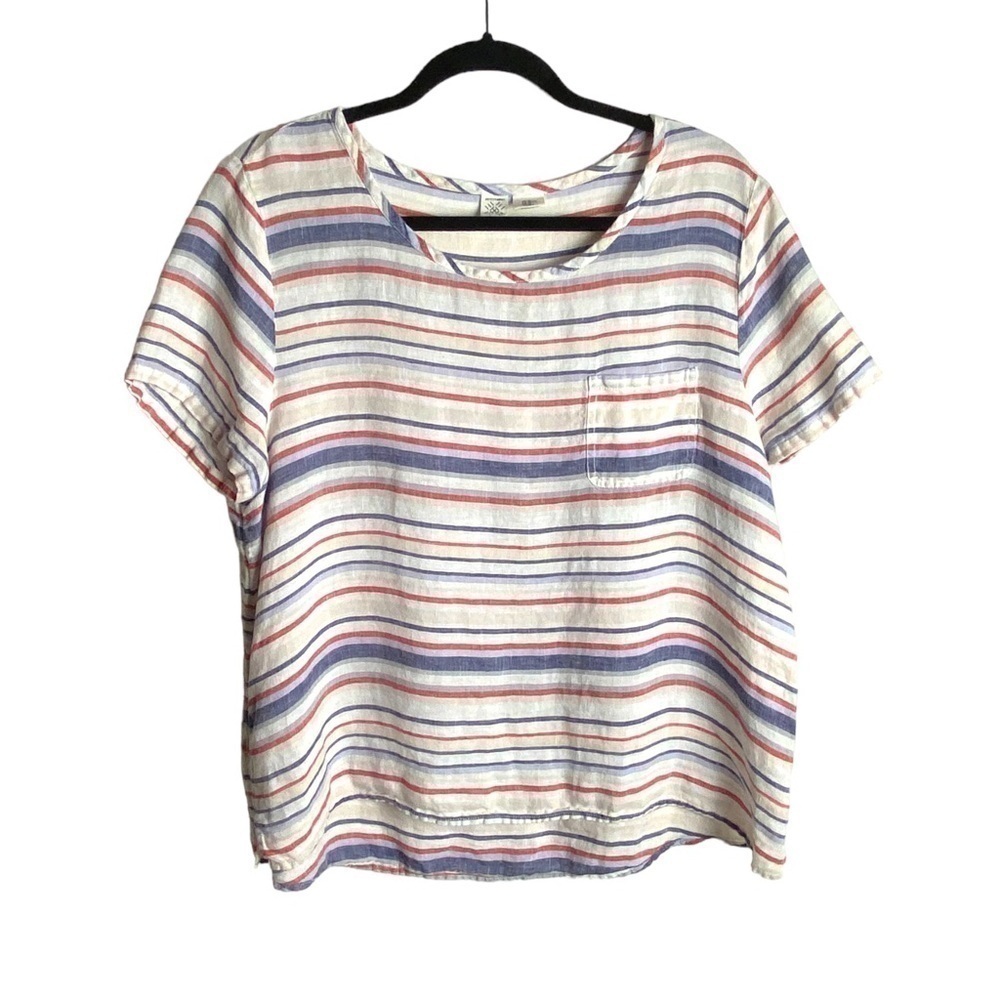 Artisan NY Sz Xl Linen Short Slv Top Stripes Americana Blouse
PTP 22”
Length 26